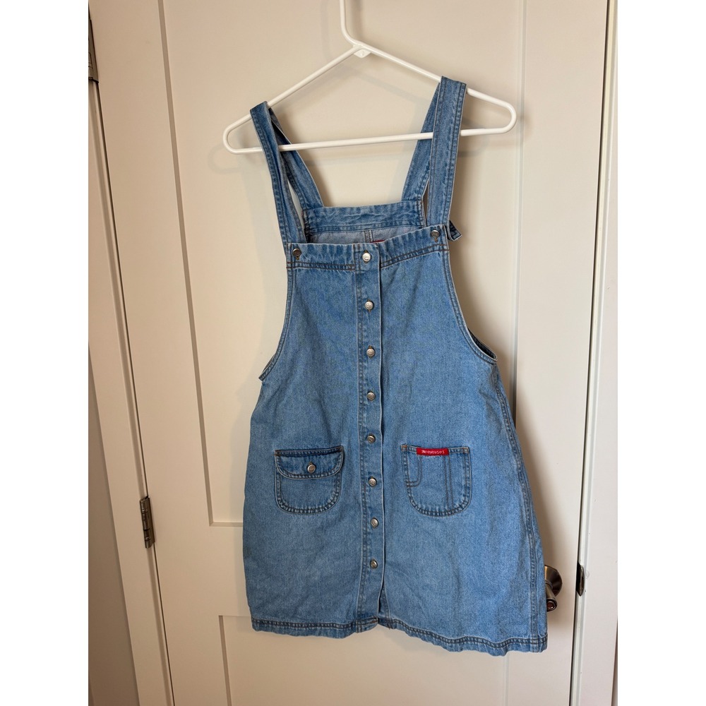 Vintage No Excuses Denim Overall Dress Blue Button Front Pinafore Womens Medium